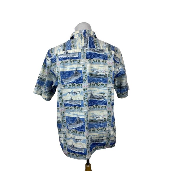 Vintage Reyn Sooner Men's Hawaiian Style WWII & Sea Design Blue Shirt Sz XL - Picture 3 of 7
